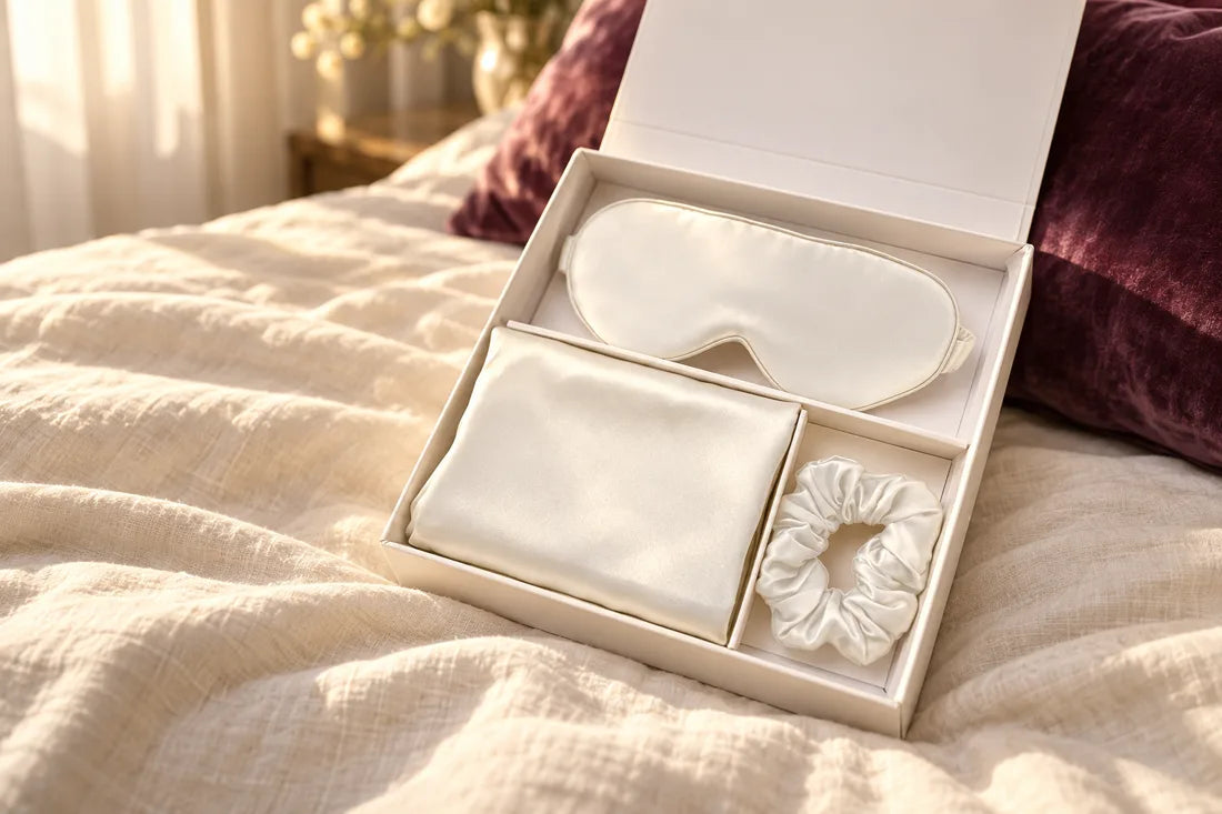 Silk gift set in a compartmented gift box, shown with a pillowcase, eye mask and scrunchie